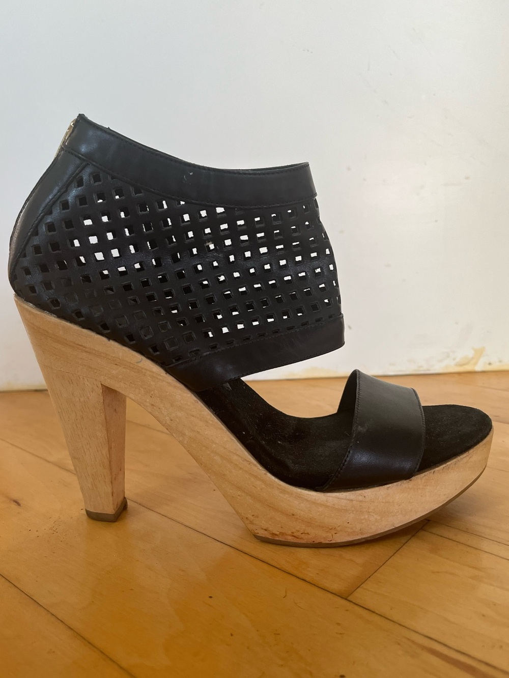 Loeffler Randall Perforated Black Leather Platform Sandal with Wooden Heels 7.5